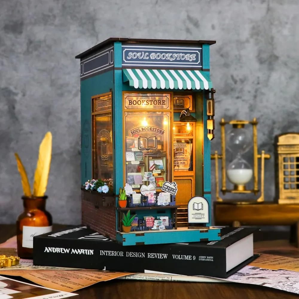 Kit angolo libro in miniatura fai-da-te: fermalibri puzzle in legno 3D con luce a LED per ripiani decorativi creativi