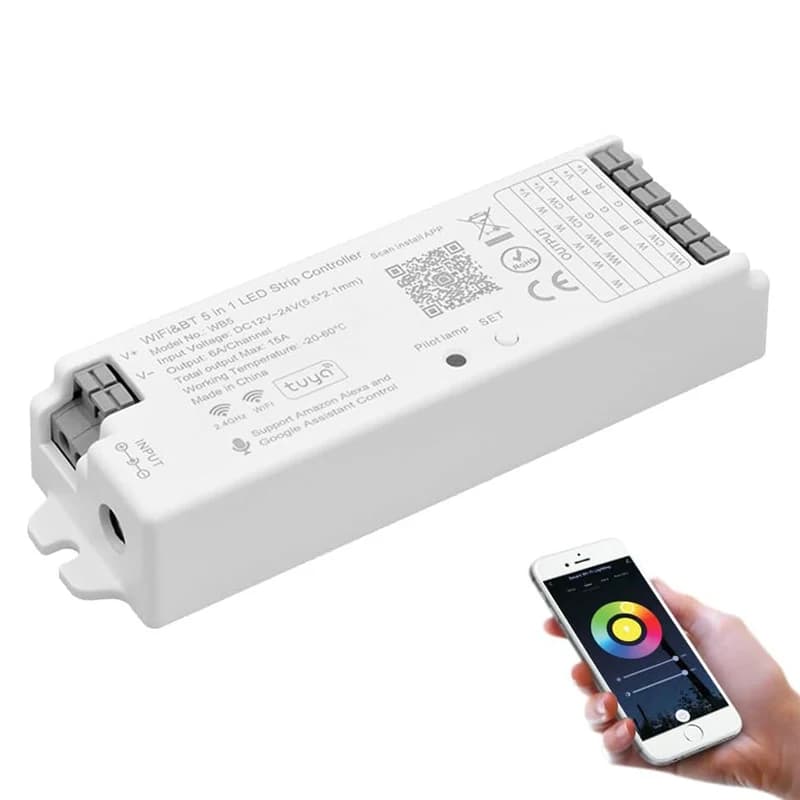DC12-24V WB5 5 in 1 RGB CCT Color Changing WiFi LED Controller Wireless 360W Synchronization Group Support Alexa and Google Home