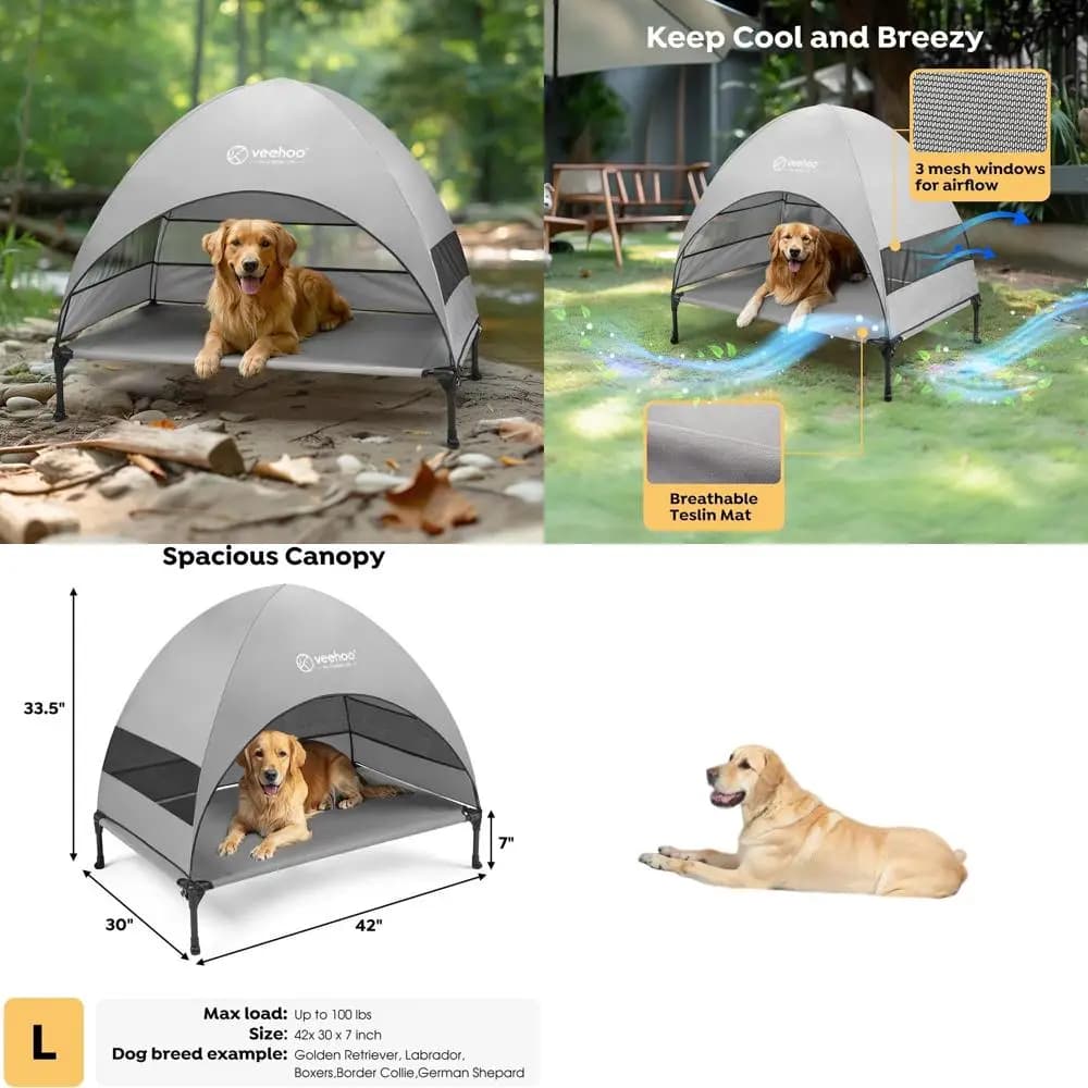 Lettino per cani con raffreddamento elevato con paralume rimovibile, grande letto da esterno grigio per cani, adatto per campeggio e spiaggia, CWC2411