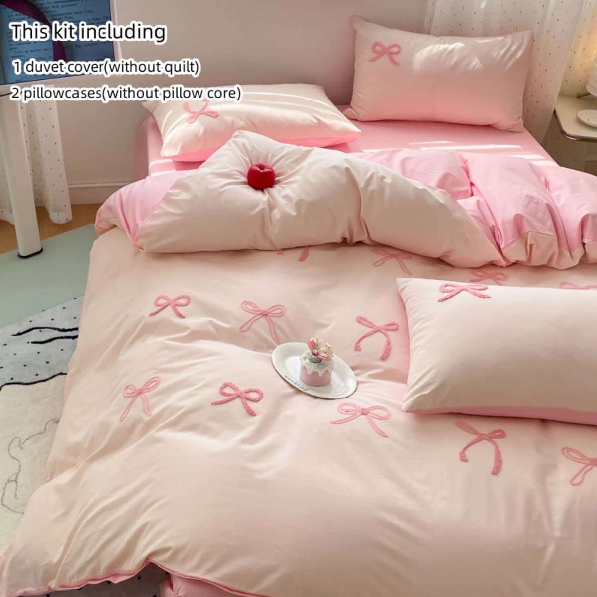 Set lenzuola da 3 pezzi Set trapunta con ricamo bowknot rosa, comodo set biancheria da letto con ricamo Copriletto per tutte le stagioni