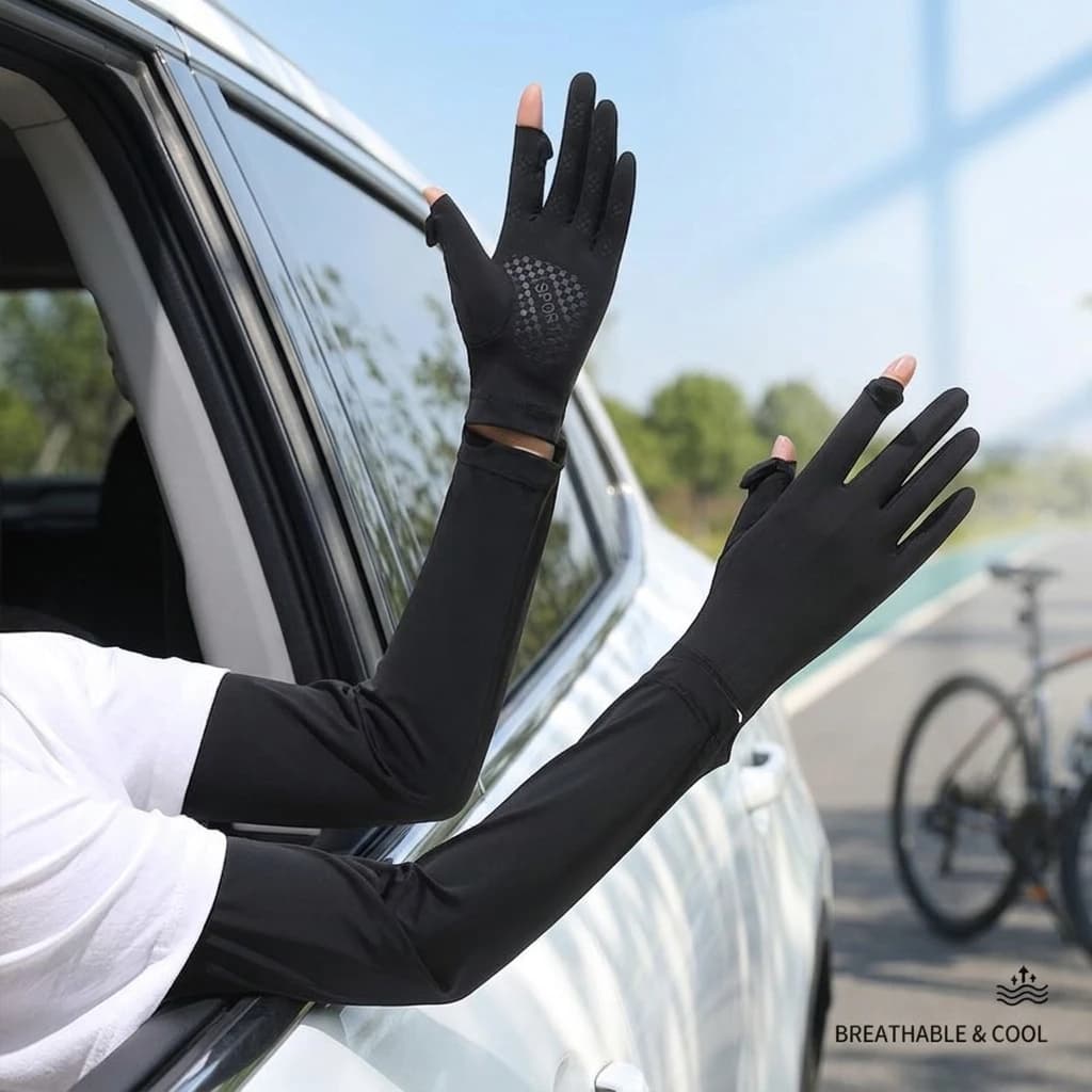 Upf 50 Plus Cooling Sun-Protection Arm Sleeves with Gloves Breathable Ice Silk Long Sleeve Covers Seamless Design for Men Women