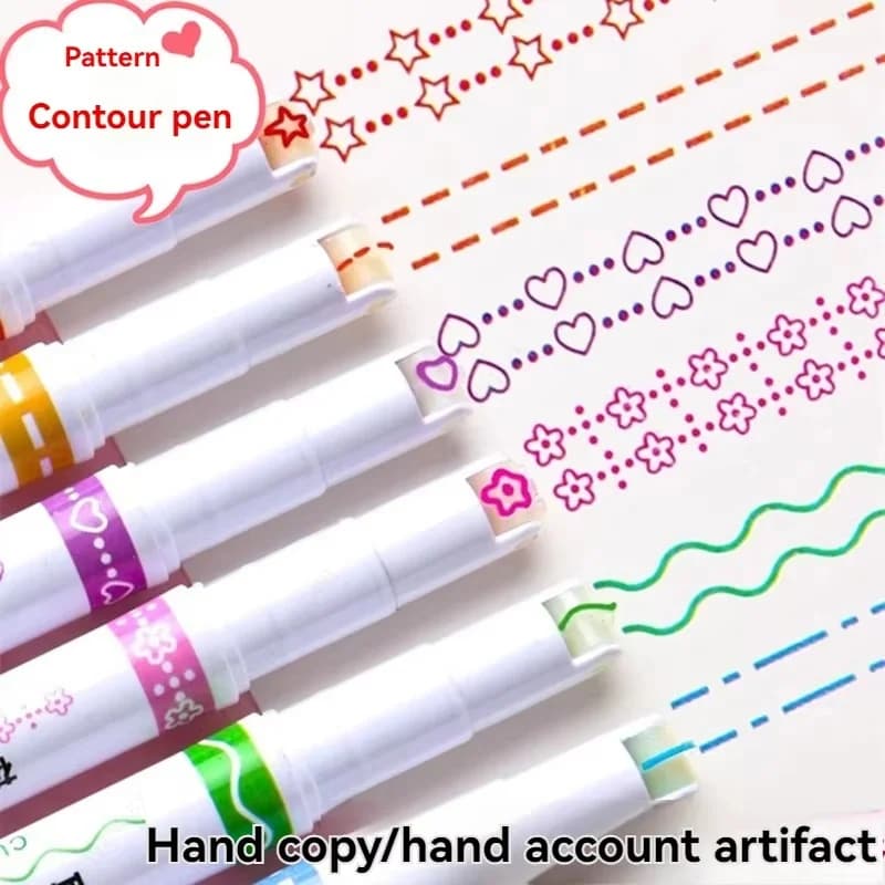 6 pezzi di pennarelli per contorno a forma di linea di fiori, penna curva con punta, multicolore, divertente, a forma di penna, per appunti, disegno, evidenziatore per materiale scolastico