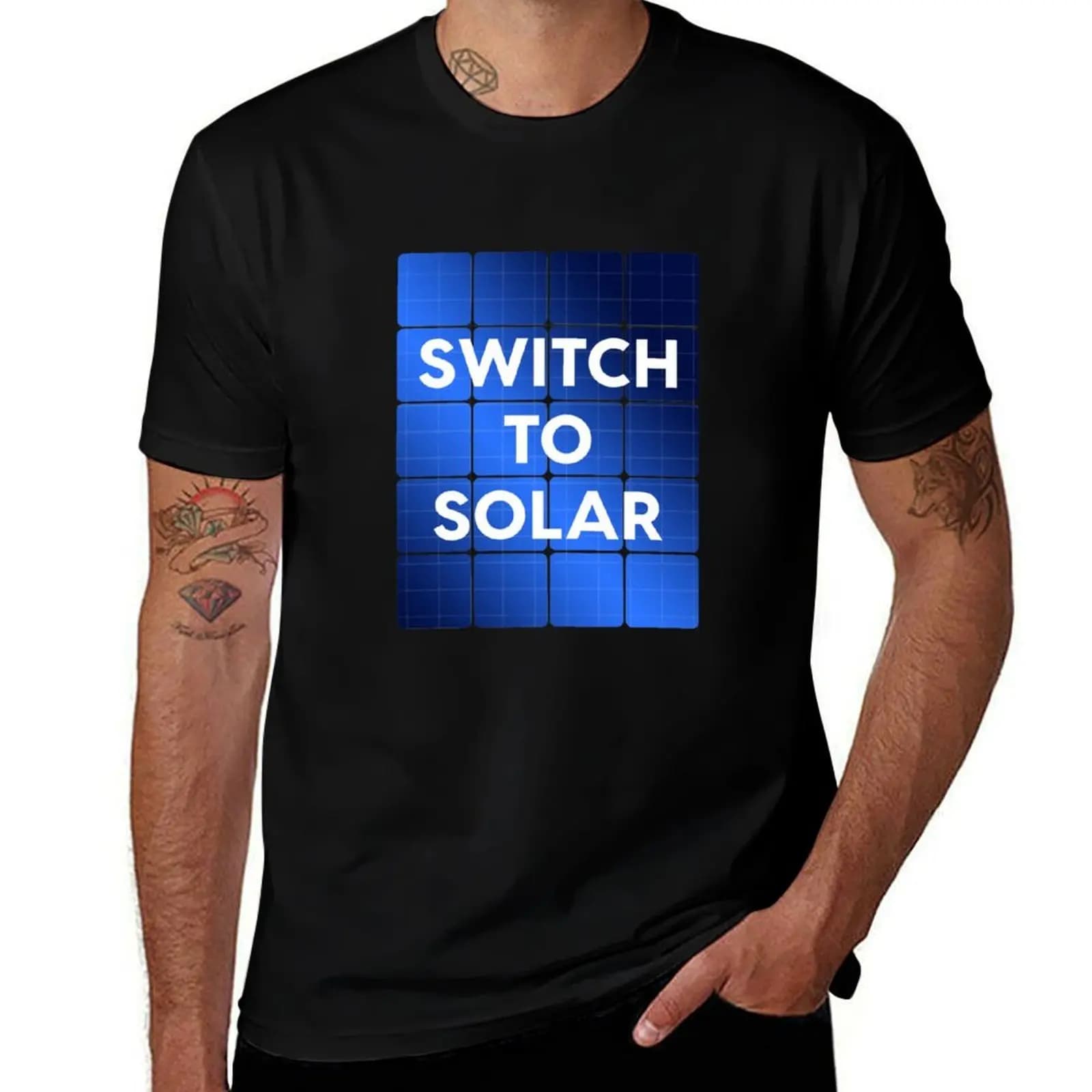 Passa a Energia Solare - T-shirt con Pannello Solare Green Sun Energy, Semplice T-shirt Girocollo in Tinta Unita