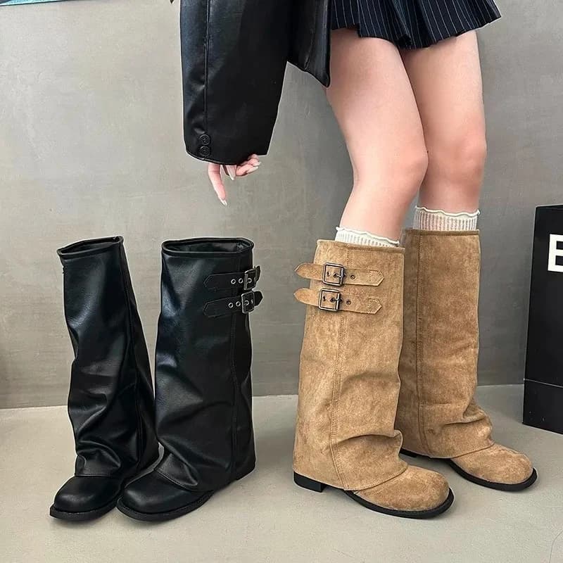 New Suede Fold Women Knee High Western Cowboy Boots Fashion Double Buckle Decor Slip On Long Booties Autumn Winter Women's Shoes