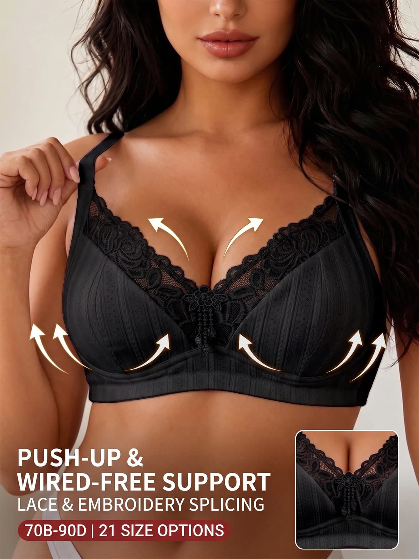 Women Wireless Floral Lace Bra Adjustable Wide Straps Push Up Brassiere Skin-friendly Breathable Lingerie 70B-90D