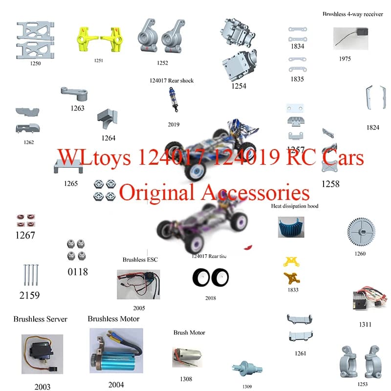 WLtoys 124017 124019 Pezzi di ricambio originali per auto RC Braccio oscillante Sedile C Motore inferiore Differenziale Cambio Ammortizzatori Pneumatico