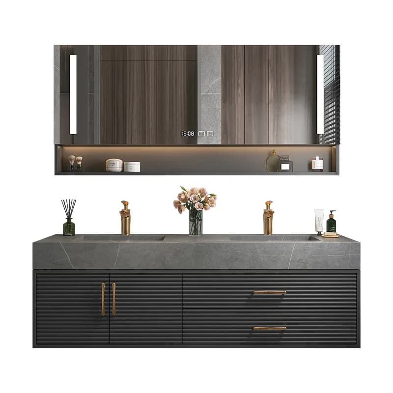 Mobile Bagno in Legno Massello e Compensato Stile Americano con Specchio, Lavabo in Ceramica e Orologio - Design Moderno