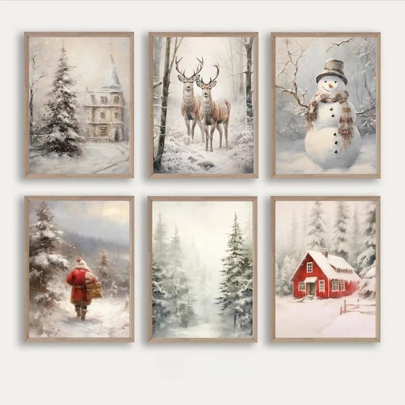 Santa Claus Christmas Tree Canvas Print Snow Landscape Paint Winter Christmas Wall Art Poster for Modern Living Room Home Dec