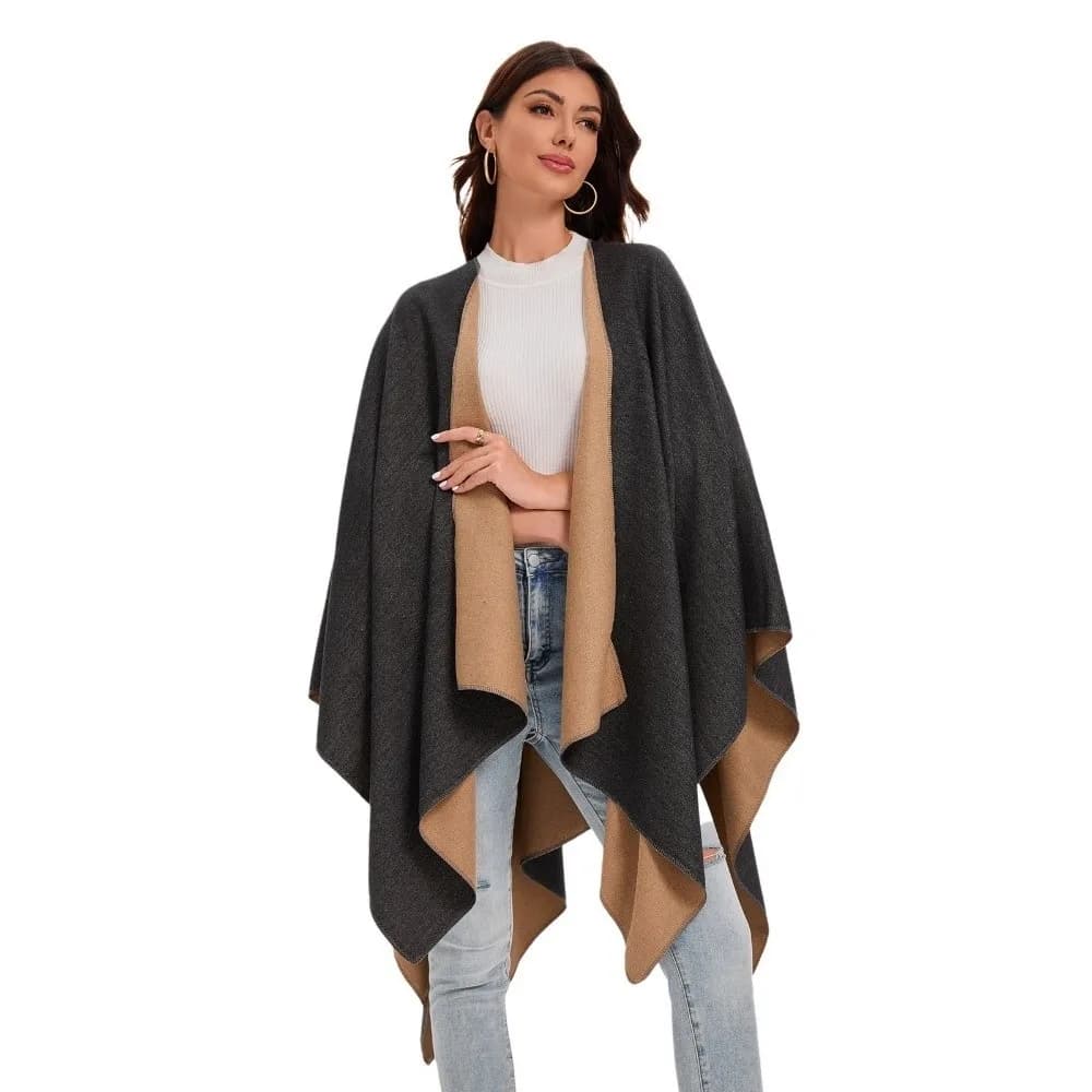 Cappotto caldo Scialle da viaggio con design scozzese Aperto sul davanti Poncho in tinta unita Avvolgente Stile vintage Coperta spessa Cardigan Scialle Autunno Inverno
