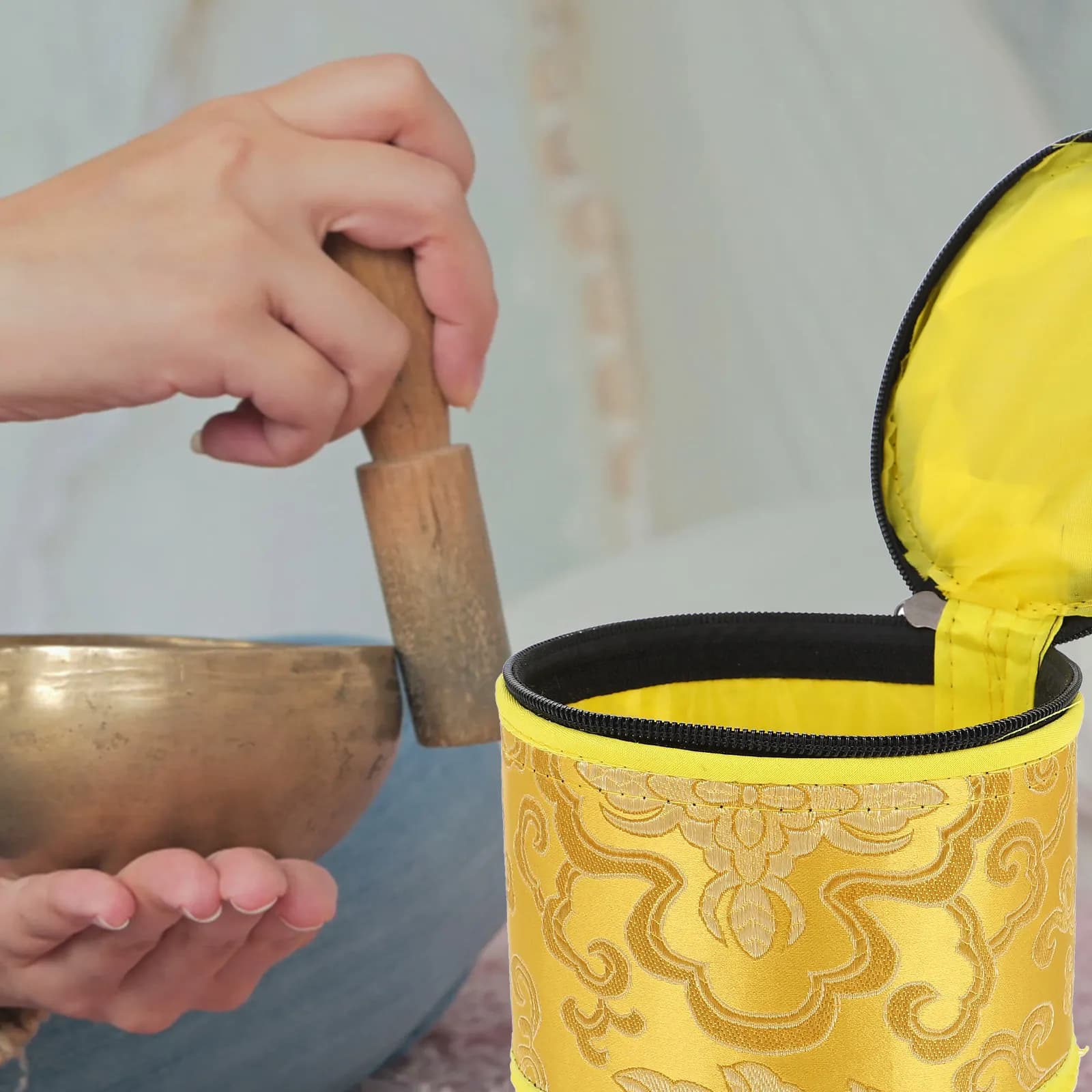 1Pcs Buddhist Singing Bowl Case Premium Handmade Cloud Embroidery Smooth Surface Zipper Closure Storage Bag Meditation Bowl