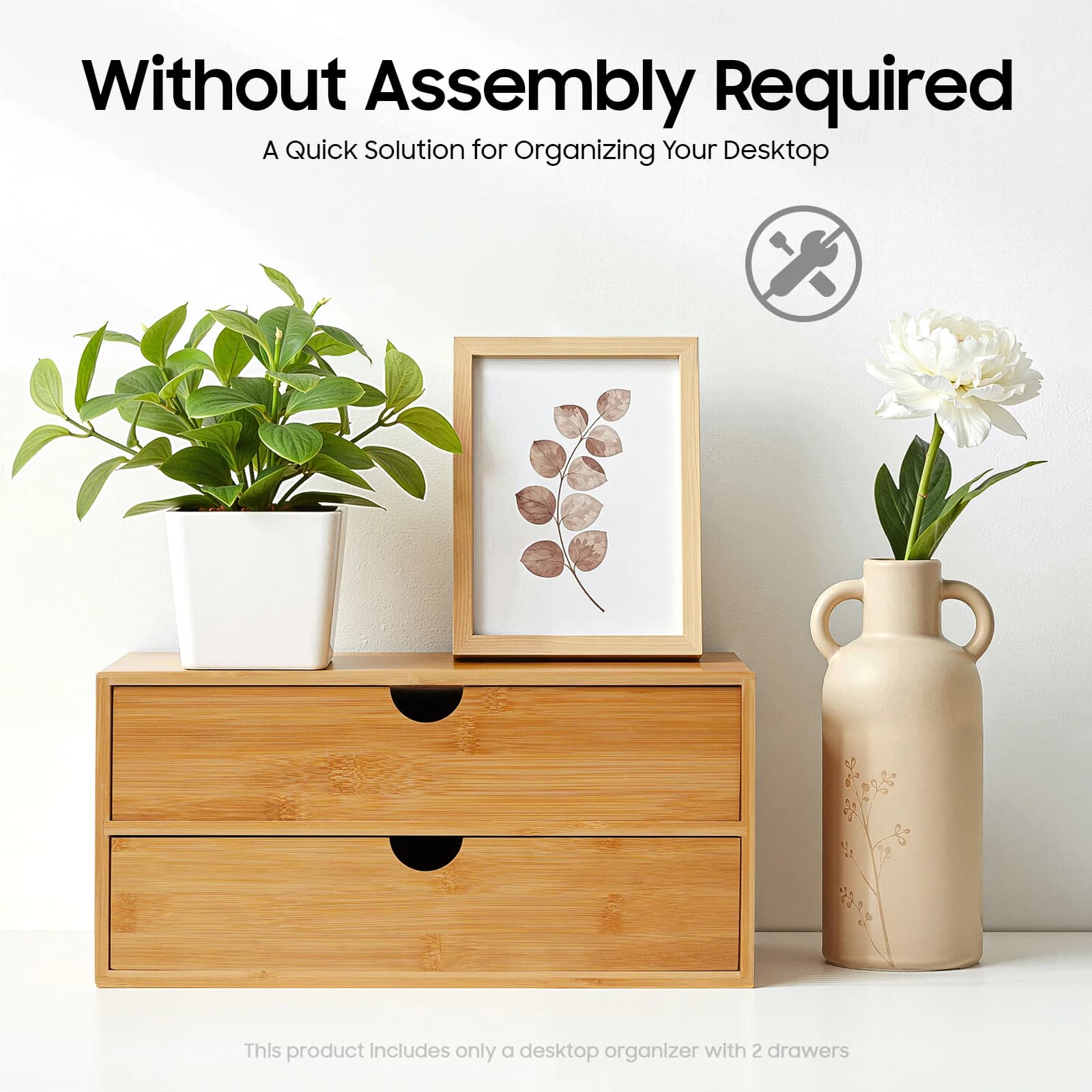 Natural Bamboo Desk Organizer with 2 Drawers, Compact Tabletop Storage Box, Multi-purpose Organizer for Office Stationery