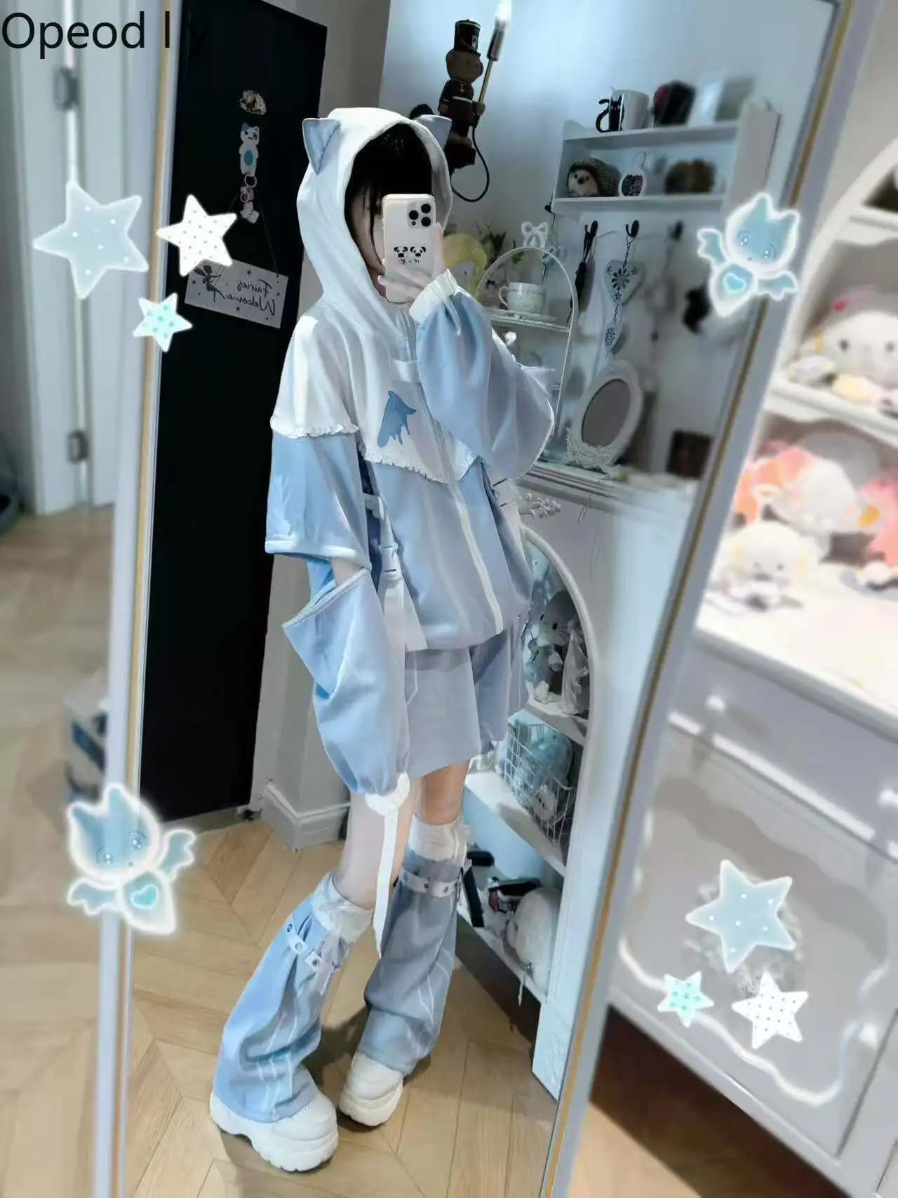 New Original Japanese Subculture Water Color System Removable Sleeves Sweet Ears Hooded Jacket Shorts Leg Cover Women's Suit