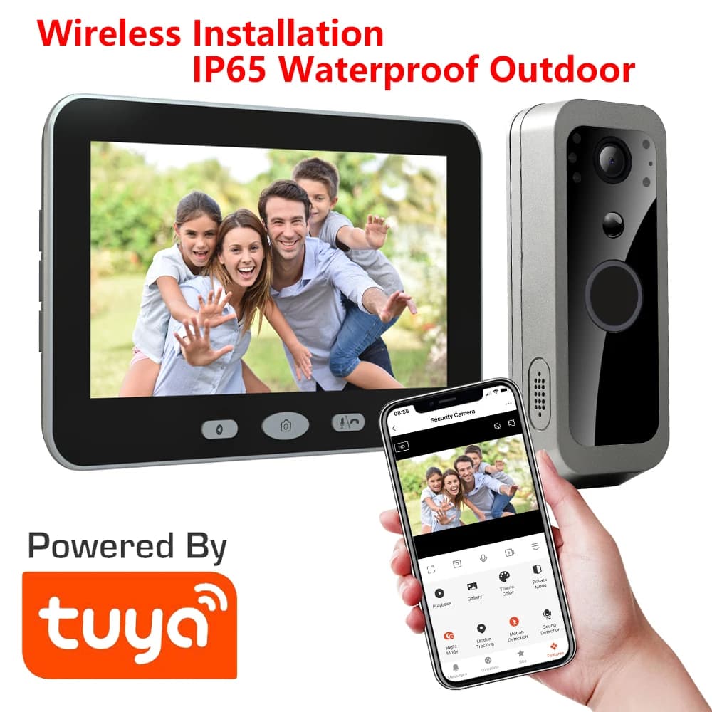 Tuya Smart Life 1080P WiFi Videocitofono Campanello Batteria 100% Sistema citofonico senza fili PIR Telecamera esterna Schermo monitor da 5 pollici