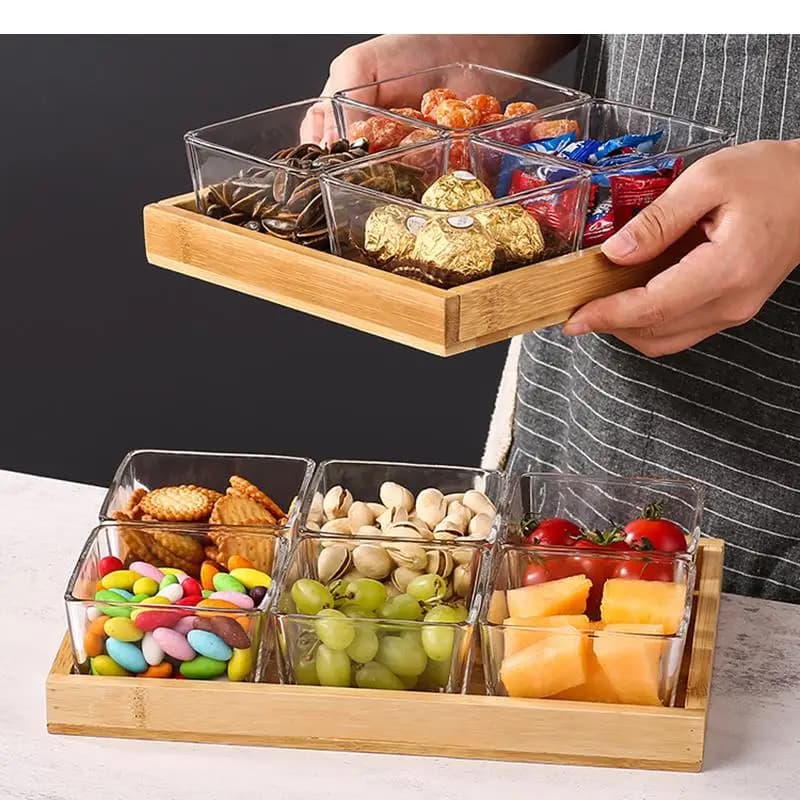 Vassoio in Vetro per Frutta e Snack con Coperchio in Legno, Contenitore a 4/6 Scomparti per Noci e Frutta Secca