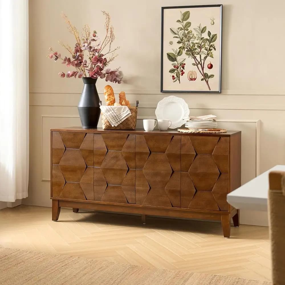 Credenza Century in Noce 60 con Gambe in Legno Massello, Mobile Contenitore con 4 Ante e 2 Ripiani