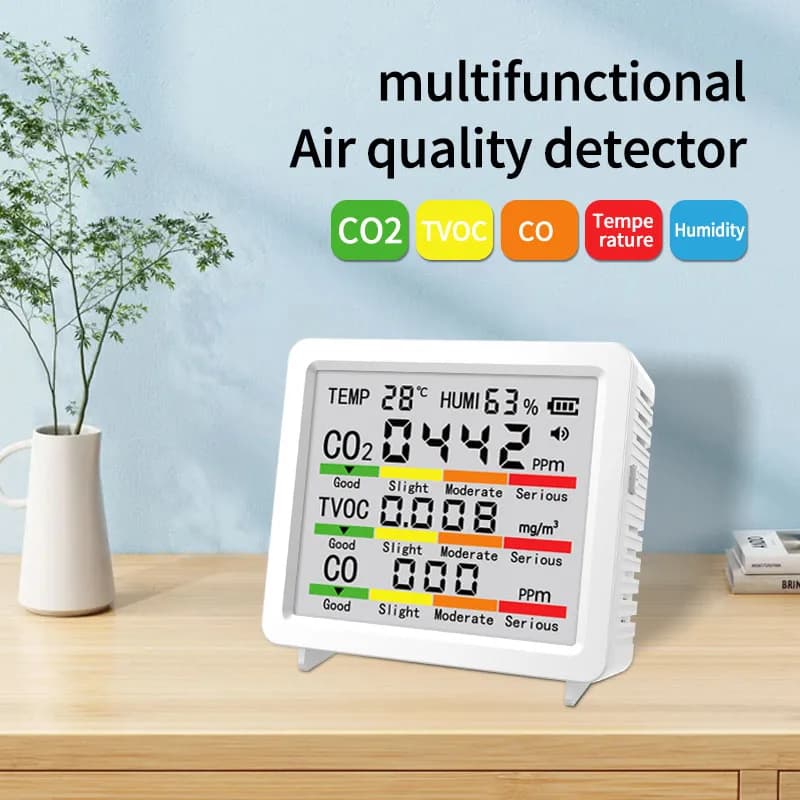 Carbon Monoxide Detector Home CO2 5-In-1 Air Quality Tester HCHO TVOC Formaldehyde Dioxide Monitor Temperature Humidity Meter Ty