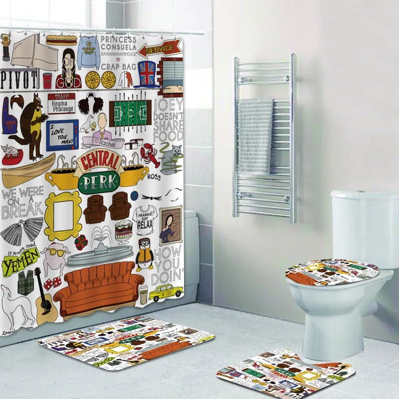 Set of shower curtains for TV programs Friends 4 pieces, bath mat, toilet mat, bath set with shower curtain, shower curtain for TV Friends