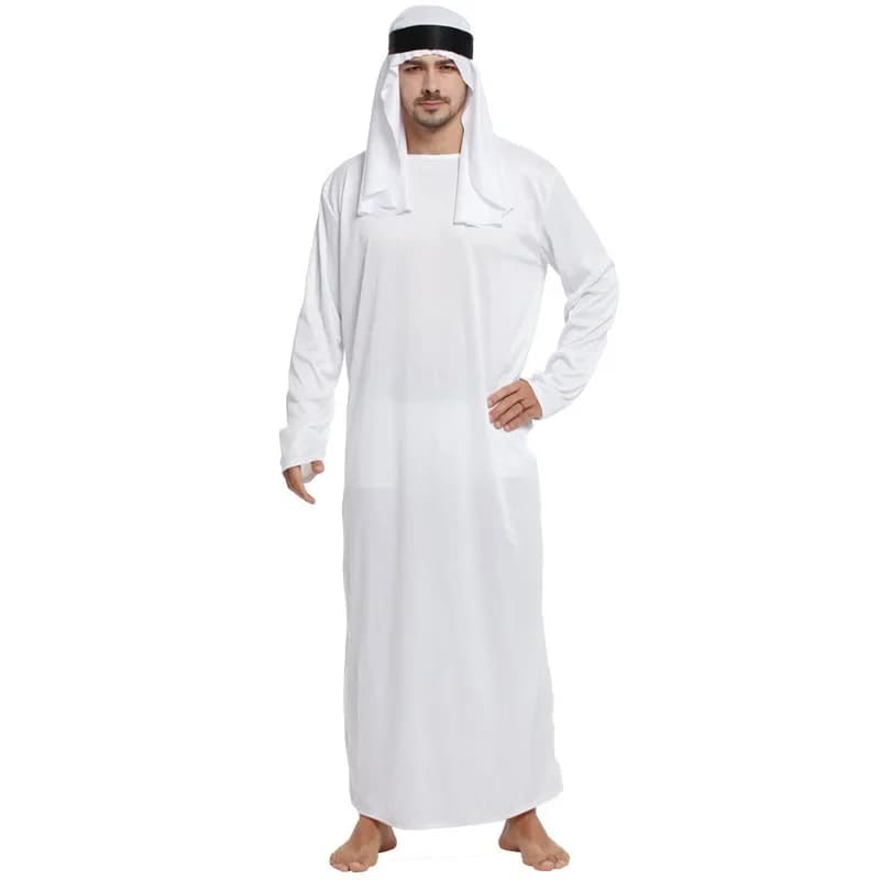 Abiti maschili Arabo Uae Robe per uomo maniche lunghe Arabo musulmano Medio Oriente Girocollo Dubai Thobe Abaya lungo con cinturino per capelli