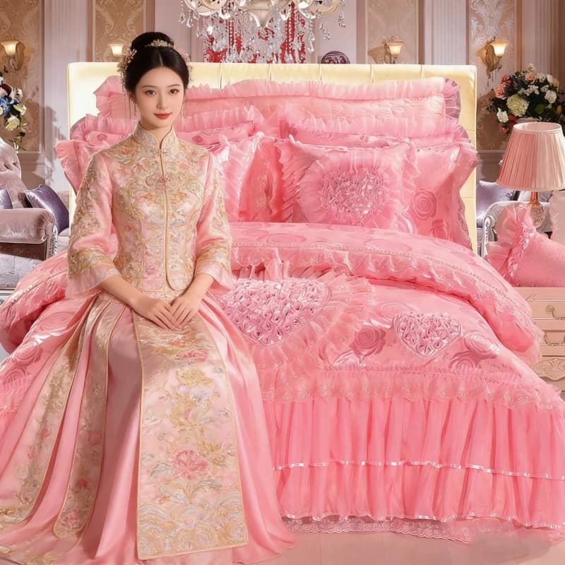 Set of Heart Shaped Princess Bed Linen in Lace, Luxurious Cover in Rose and Red Jacquard Satin, Sheets, Bedcover, Cotton Loyalty