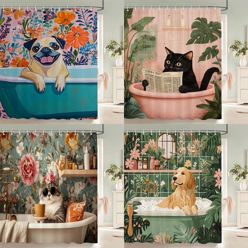 Tenda da doccia in stile nordico con fiori e foglie, animali, per gatti e cani, stampata, per bagno, decorazione per la casa, con ganci