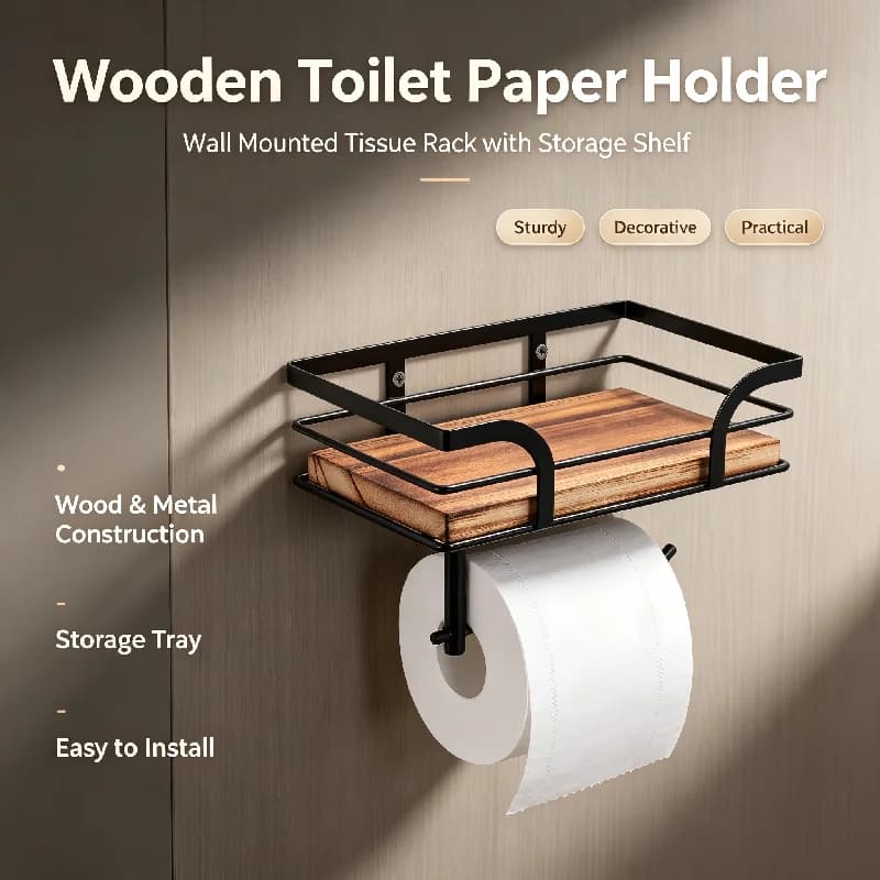Iron and Wood Wall Mounted Toilet Paper Holder,Kitchen Paper Towel Rack with Shelf, Drill Mount Tissue Holder for Bathroom