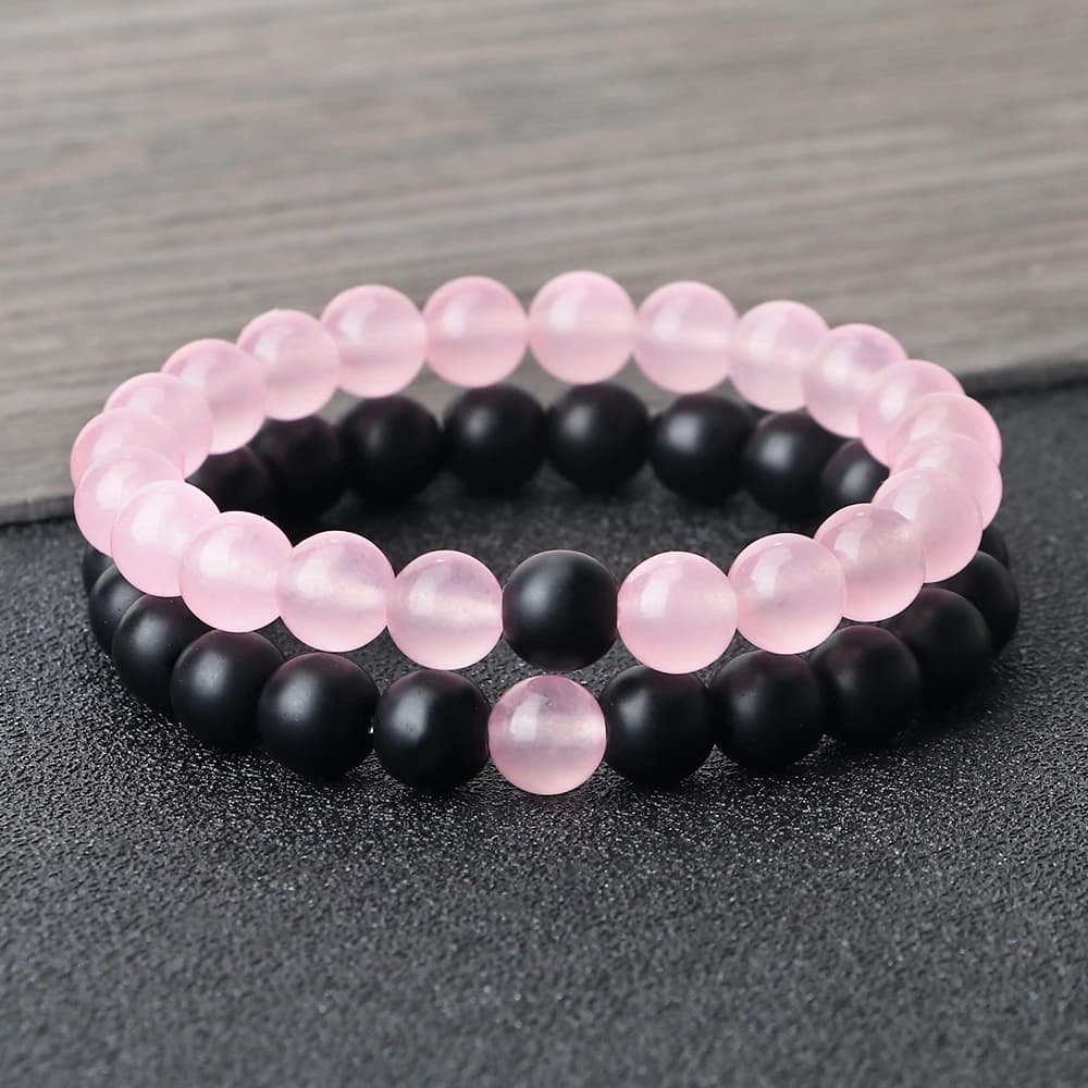 Bracciale per coppia abbinato in pietra naturale Distanza Perline nere rosa per uomo Donna Braccialetti a filo Braccialetti Regali di gioielli per amanti dello yoga