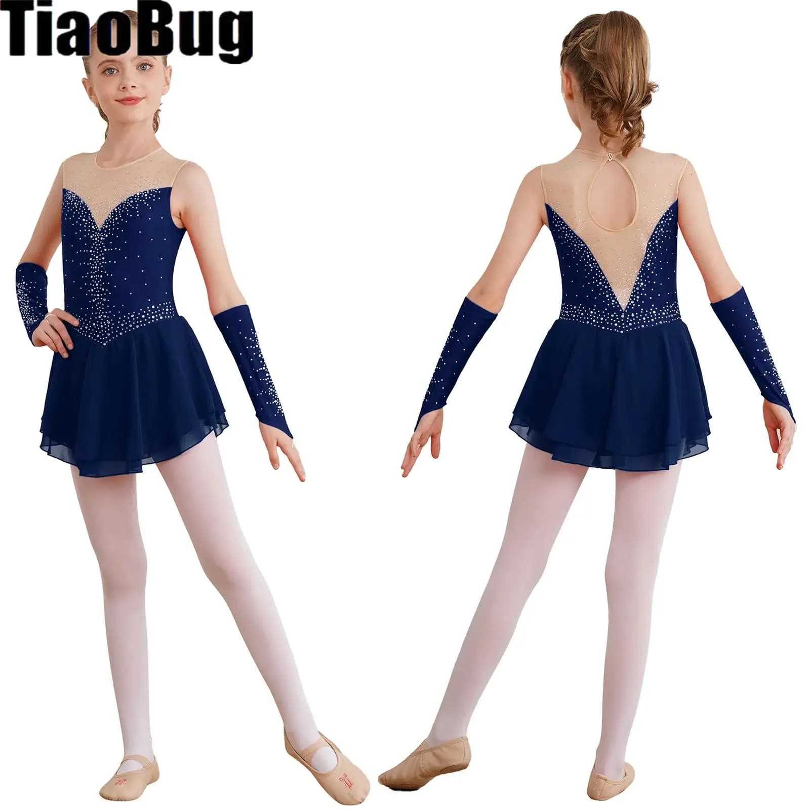 Abito da ballo per pattinaggio di figura per bambini, per ragazze, con strass scintillanti, buco della serratura sul retro, senza maniche, per spettacoli teatrali con guanti