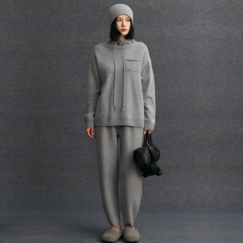 Women's matching set 100% cashmere high neck loose sweater casual solid color knitted small foot cashmere pants two-piece set