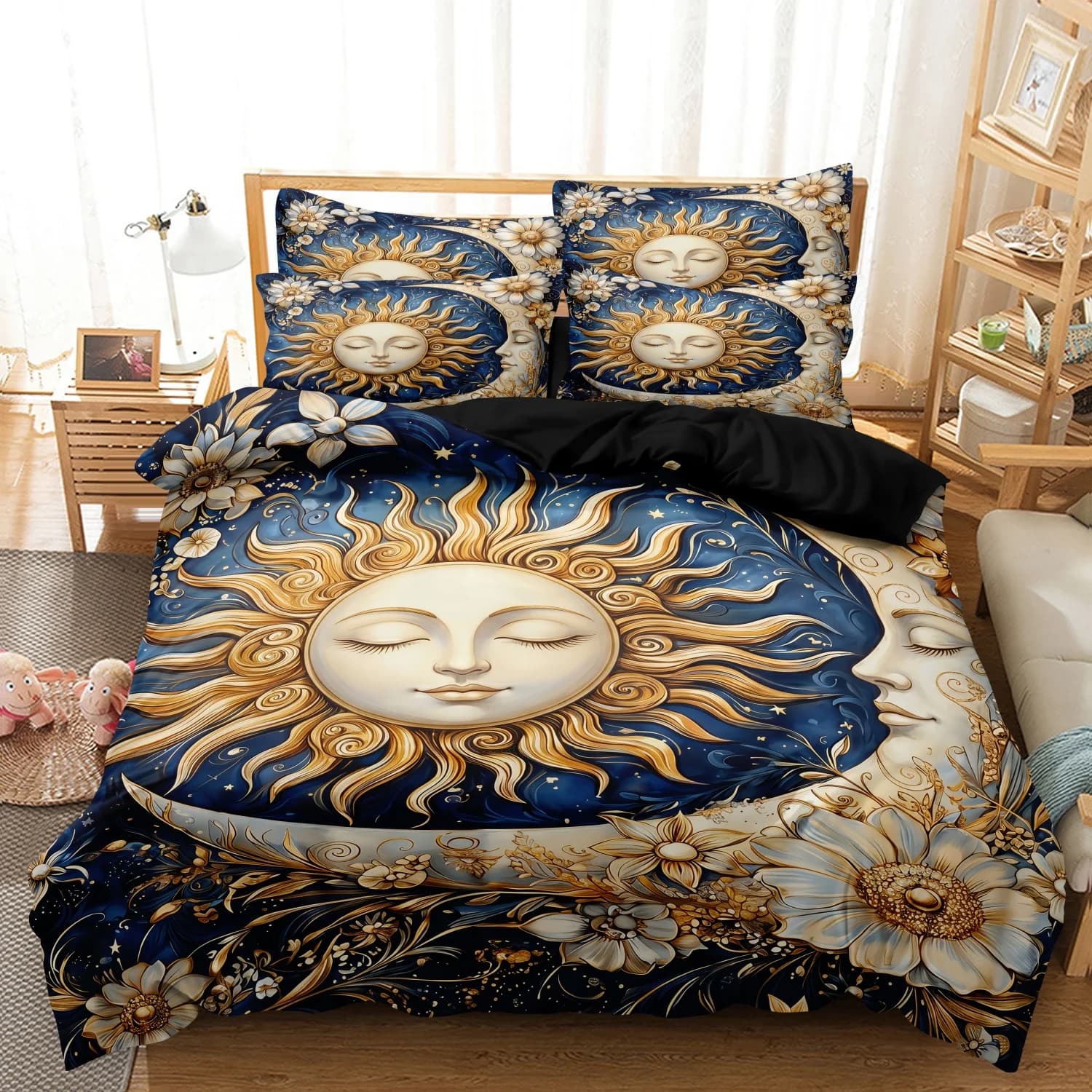 Set 3 Pezzi Copripiumino Vintage Bohemien Sole e Luna Stampa Digitale ad Alta Definizione per Casa, Dormitorio o Hotel