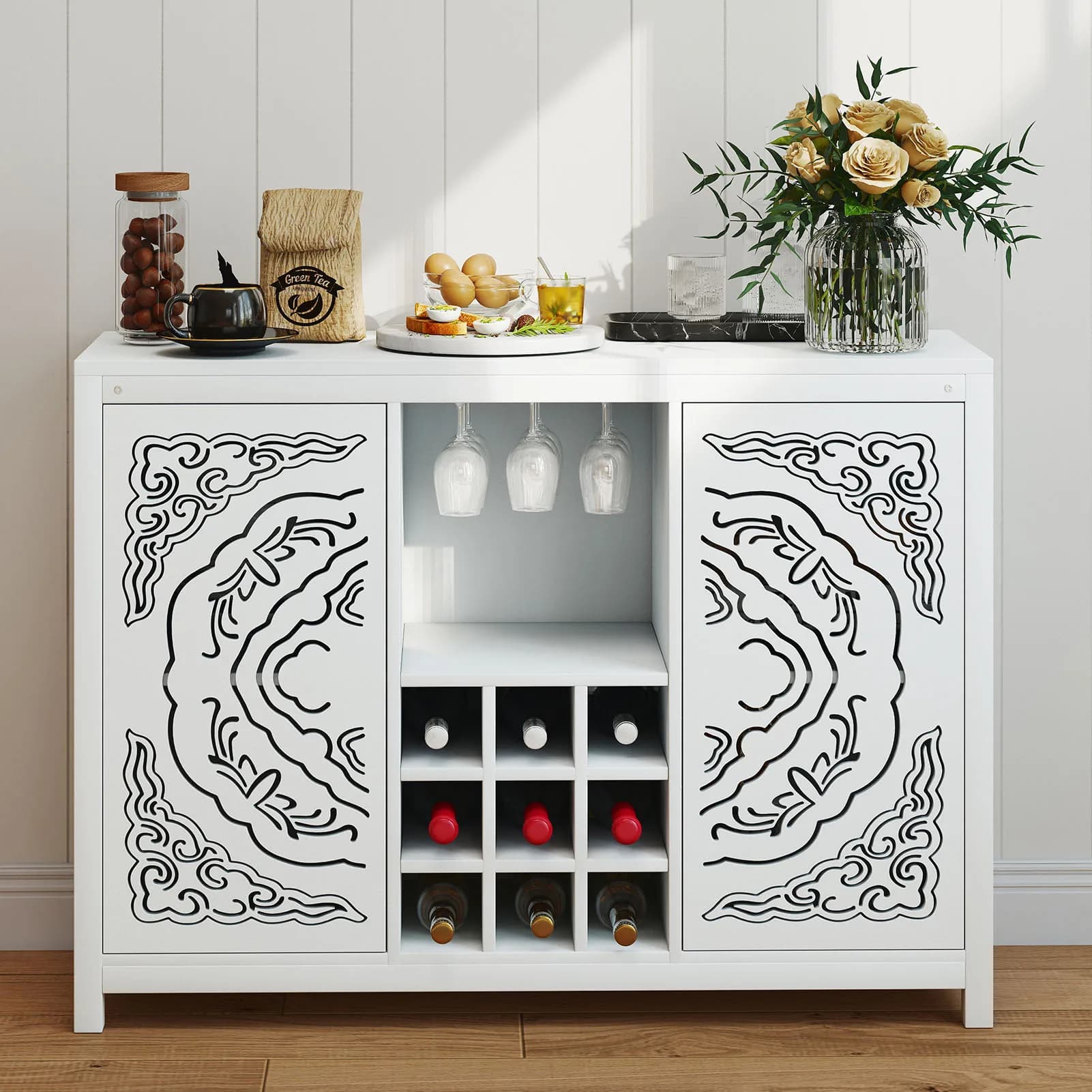 Mobile Bar per Vino Bianco con 2 Ante, Credenza in MDF con Portabottiglie e Portabicchieri per Soggiorno, Sala da Pranzo e Cucina