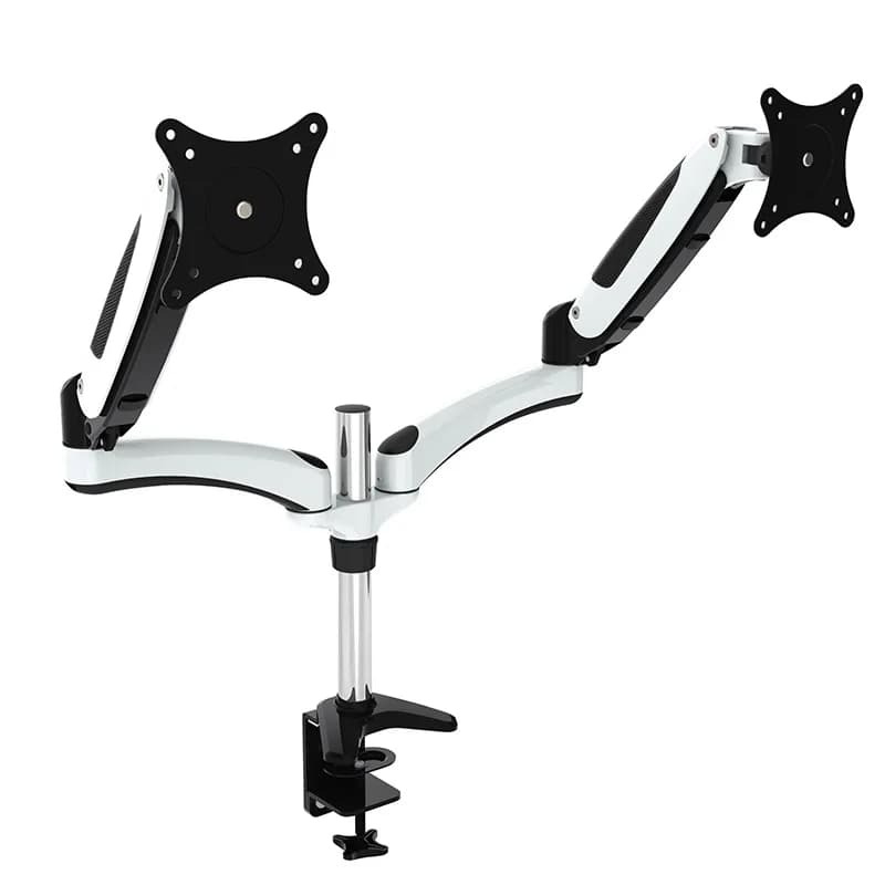Support for 10 inch to 27 inch aluminum dual-arm computer monitor, able to tilt 90 degrees and rotate 360 degrees.