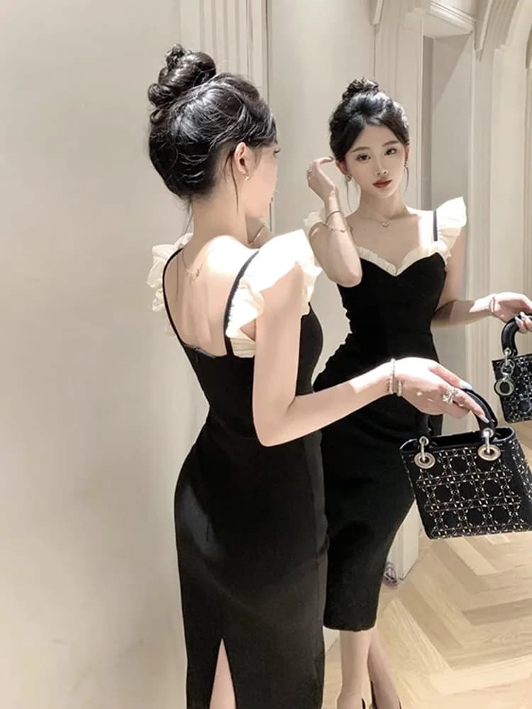 Hebe Style Long Slimming Black Dress Evening Gown Ball Dress Princess Skirt High Waist Pearl Embellished Mid-Length Summer