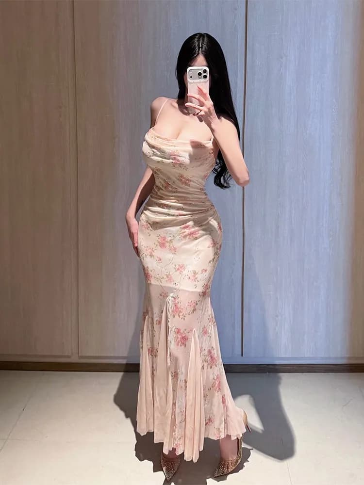 Sexy Backless Floral Lace Trim Halter Gown with Sling Strap Long A-Line Skirt Evening Dress for Women Summer Season Thin Fabric