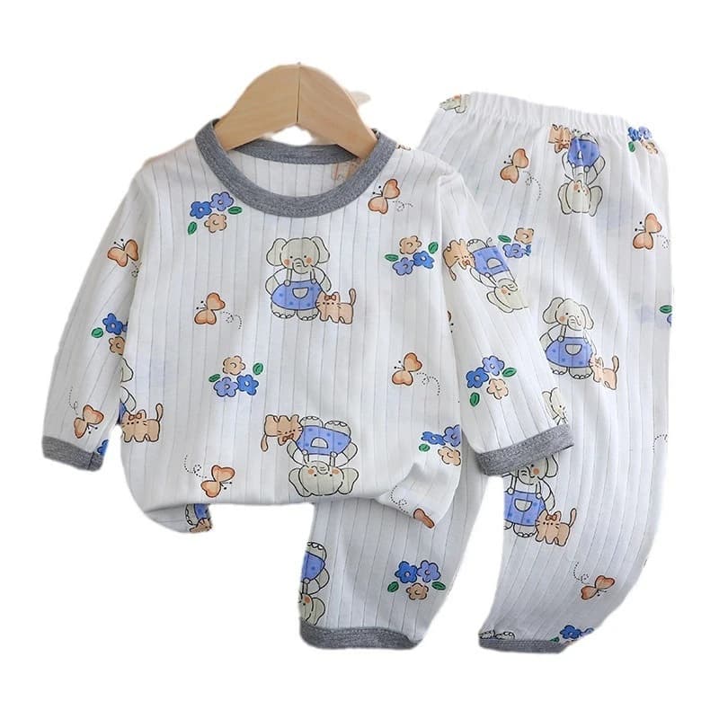 Unisex Baby Cotton Loungewear Set Cute Elephant & Bear Head Print Thin Pajamas Cozy Air-Conditioned Sleepwear for Infants