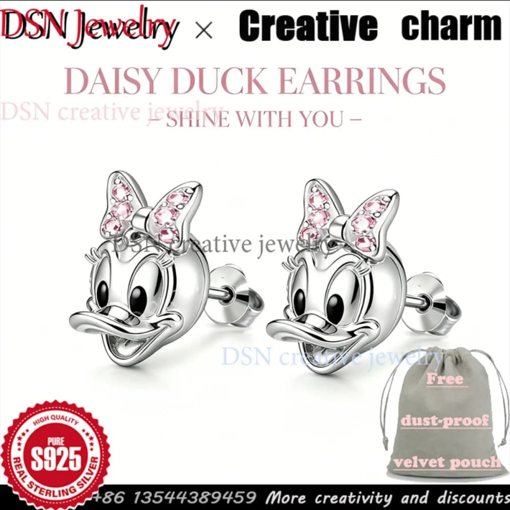 DSN Jewelry S925 Silver Cute Duck Stud Earrings with Pink Zircon Bow Animals style Earrings for Women Fashion Designer Jewelry