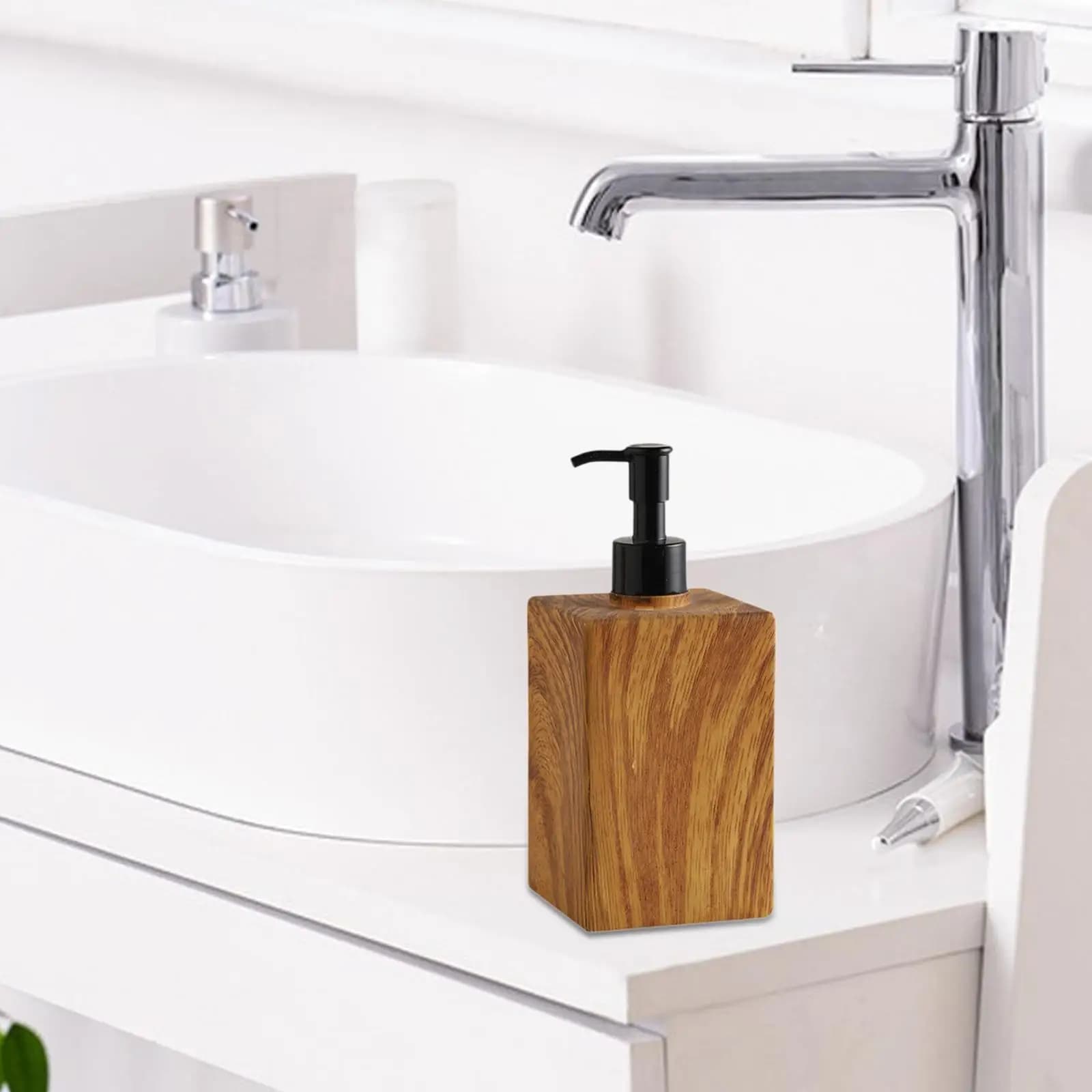 Dispenser con Pompa Ricaricabile per Sapone Liquido, in PVC Effetto Legno, per Accessori Bagno Hotel e Arredamento Casa