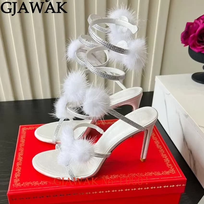 Sexy Crystal High Heels Fur Sandals Woman Twine Around Ankle Snake Party Shoes Woman Summer Feather Ball Modern Sandals Women
