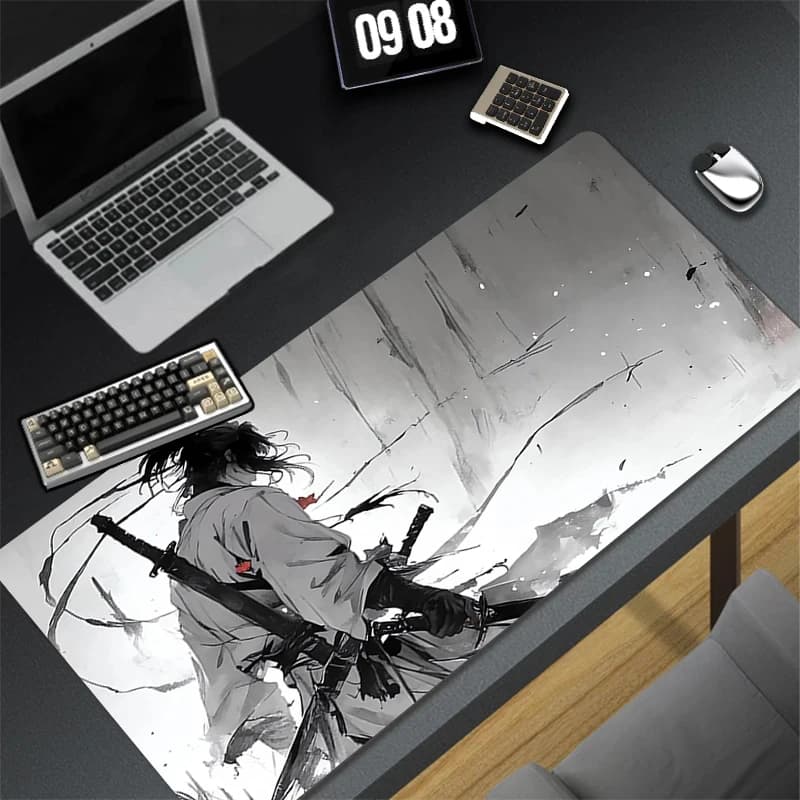Tappetino per mouse Moon Samurai, tappetino per tastiera, design antiscivolo, tappetino da scrivania, accessori da gioco, bordi cuciti, per casa e mousepad da gaming