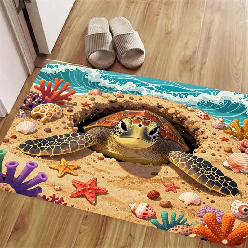Realistic Beach Sea Turtle Doormat Seaside Sand Coral Starfish Seashell Ocean Scene Print Non Slip Front Door Mat