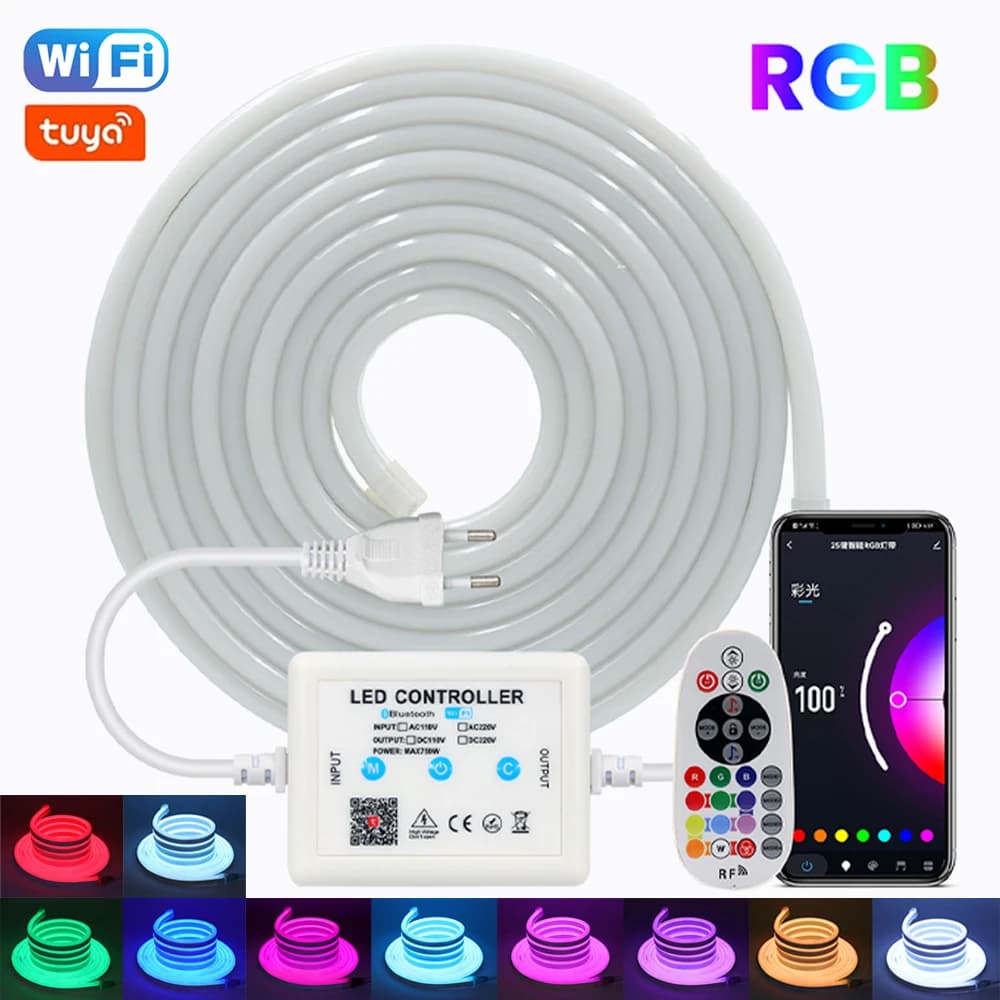 220V WIFI Tuya RGB Neon LED Strip Light Smart APP Remote 750W Controller Kit Waterproof 60 80 LED/M EU US UK AU Plug