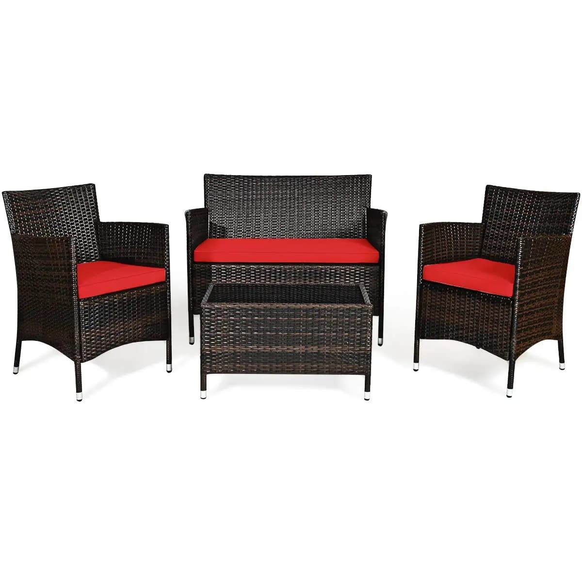 Set da Patio in Rattan 4 Pezzi con Divano, Sedie, Cuscini e Tavolo in Vetro per Esterni e Interni, Piscina, Giardino, Personalizzabile