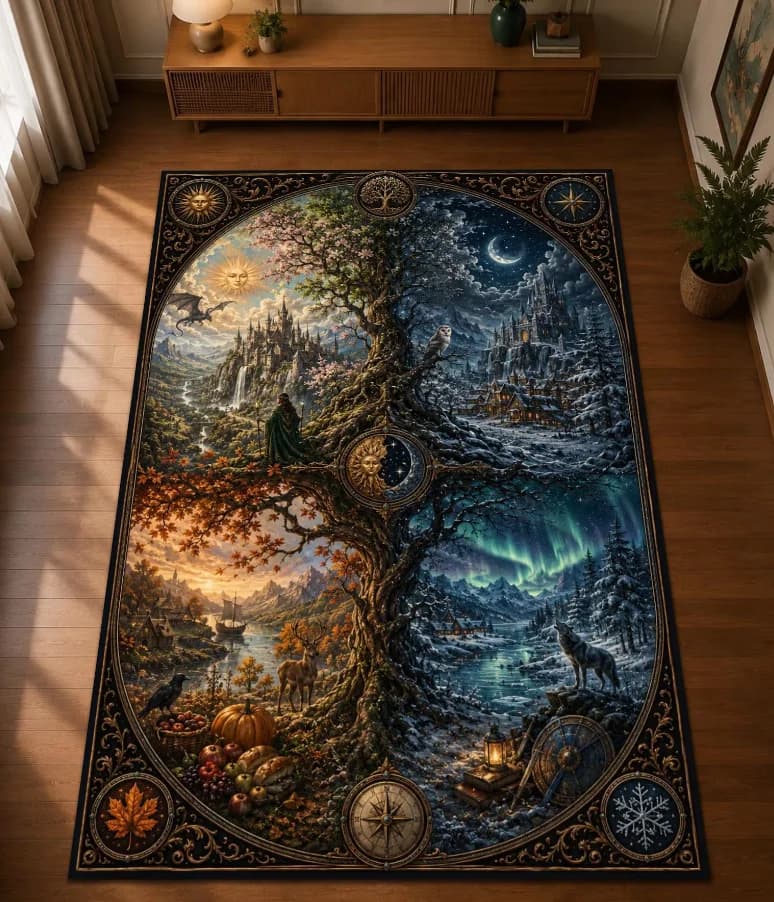 Mystic Tree of Life Rug, Fantasy Gothic Decor, Dark Academia Celestial Area Carpet Design Home Decoration Mats