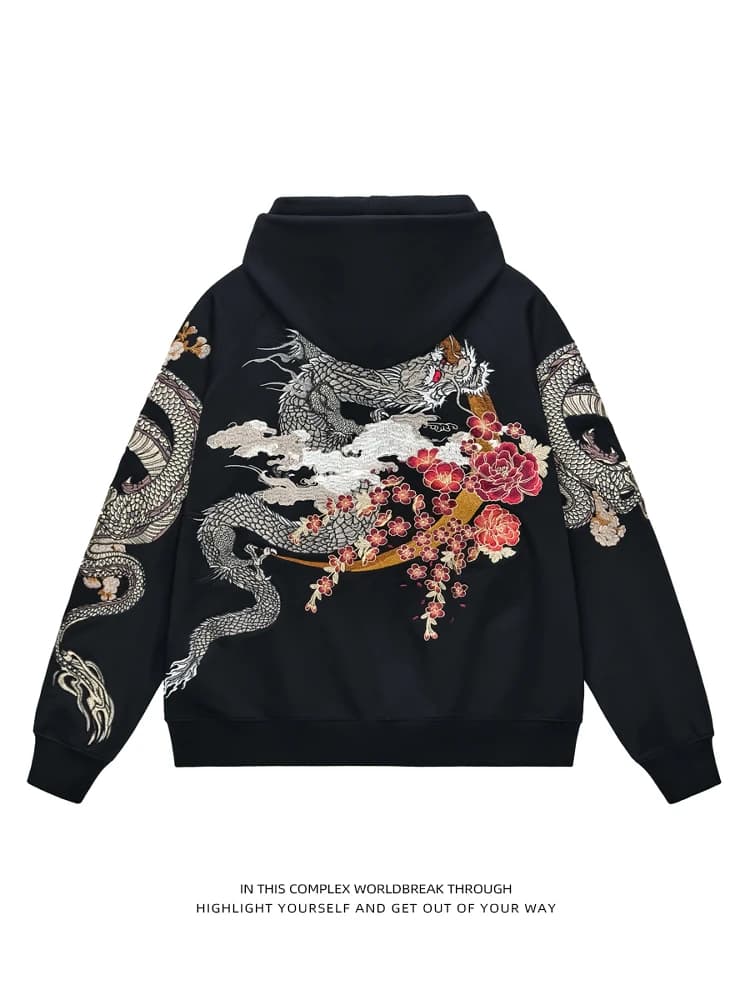 Heavy Industry Embroidery Three-Headed Dragon Open Cardigan Hoodie Jacket Trendy Youth Loose Fit Long Sleeve Zipper Closure