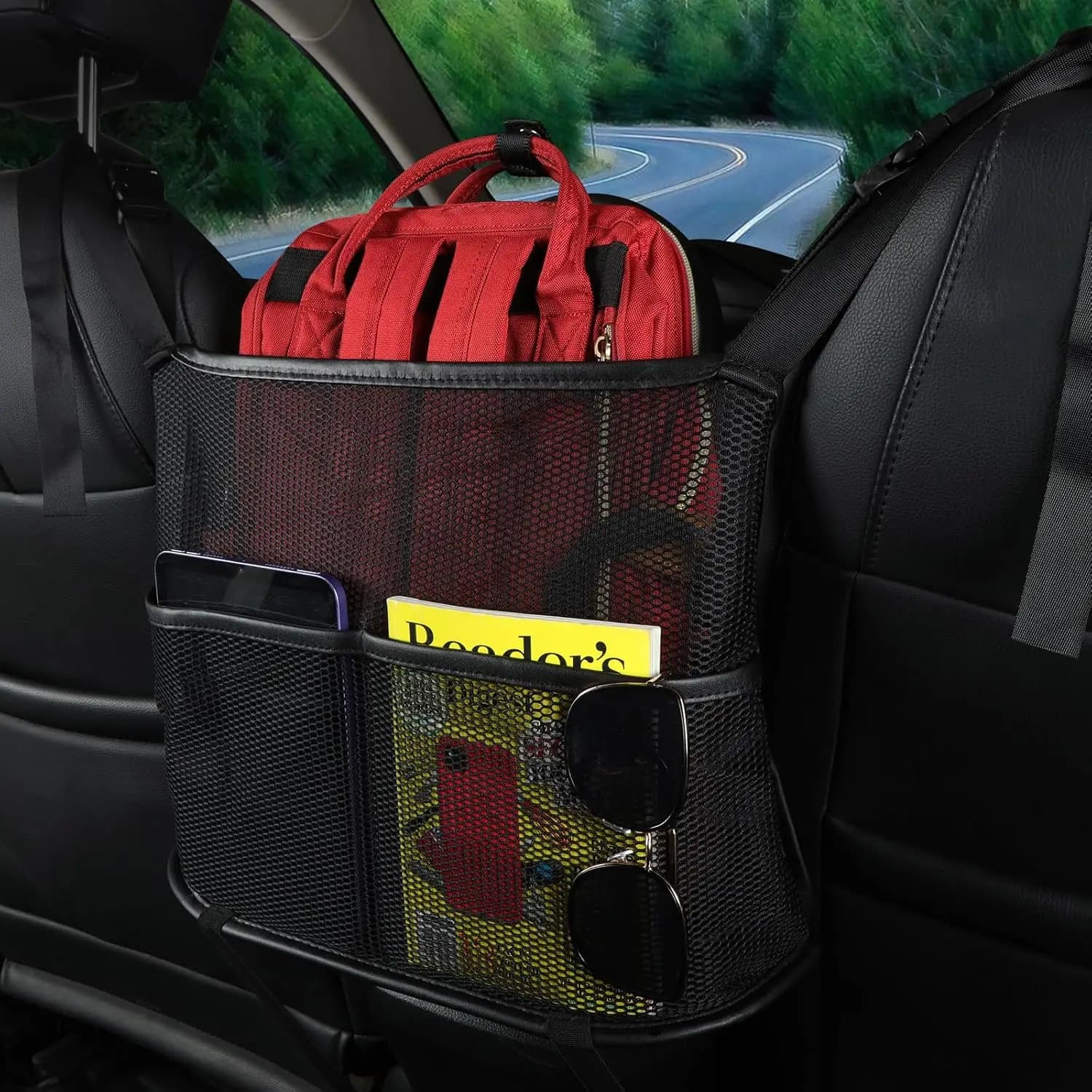 Cavalcade Car Net Pocket, Back Seat Mesh Organizer, Automotive Console Handbag Holder, Netting Pouch Storage Bag for Car, Barrier of Backseat Pet Kids, Black