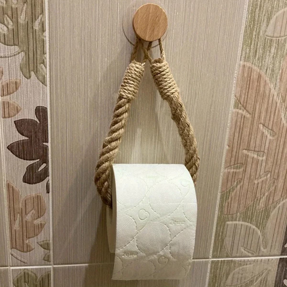 Porta carta igienica semplice in corda di canapa da 1 pezzo, porta fazzoletti da bagno, portasciugamani da parete intrecciato a mano non perforato