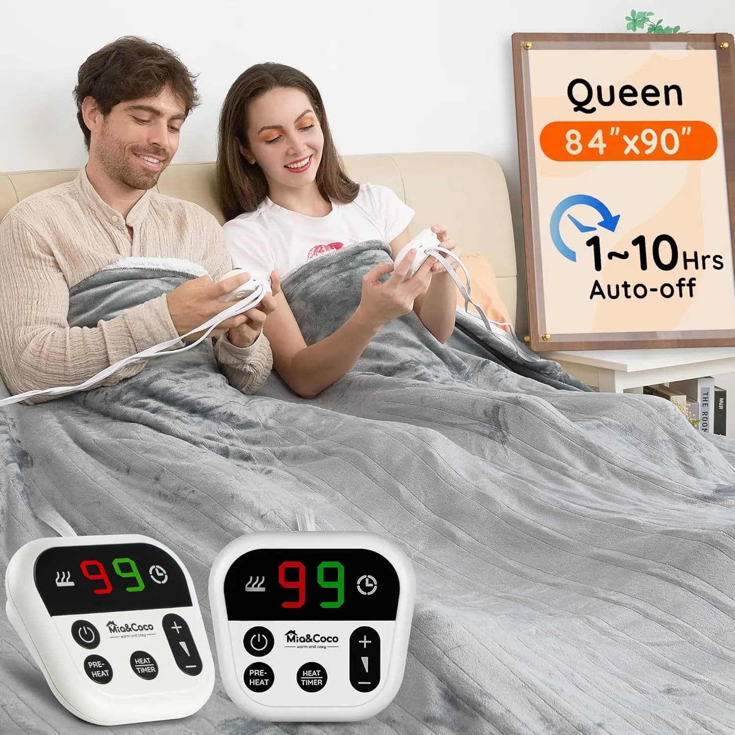Coperta Elettrica in Flanella Queen Size 84x90 con Doppio Controllo, 10 Livelli di Calore, Spegnimento Automatico e Riscaldamento Rapido per Casa e Ufficio - Grigio