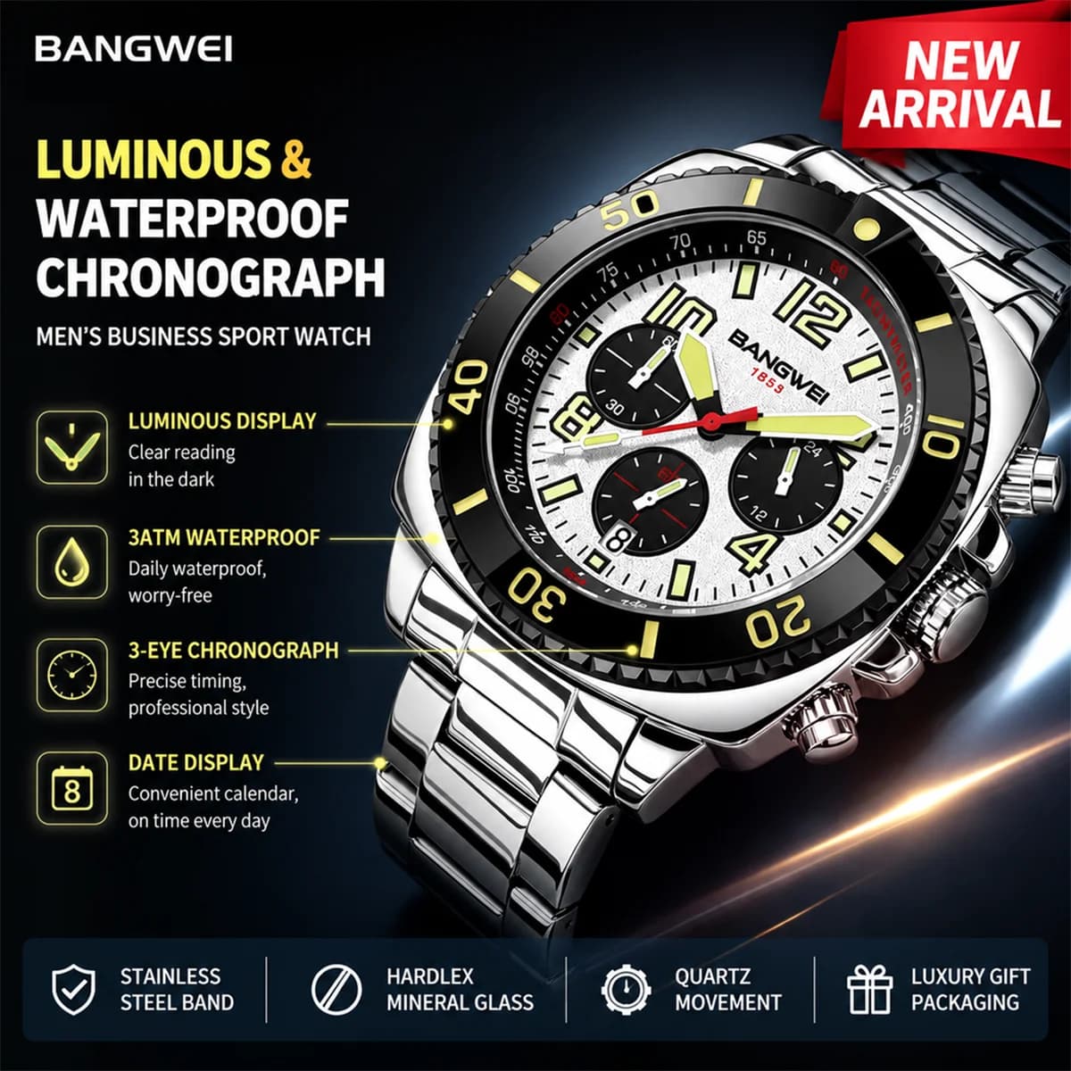 BANGWEI 2026 Luxury Men's Watches Fashion Sports Chronograph Wrist Watches For Men Waterproof Luminous Quartz Watch Men Reloj
