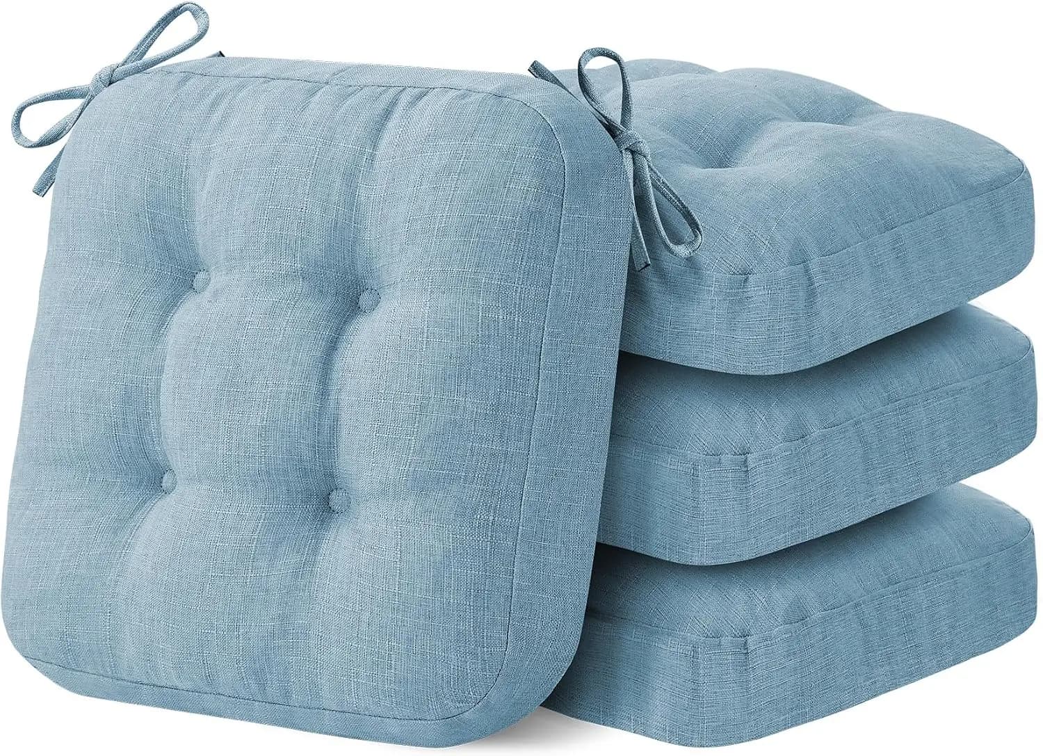 Tufted Dining Chair Cushions Set of 4, Non-Slip with Ties, 16.5x16.5x3.5", Light Blue