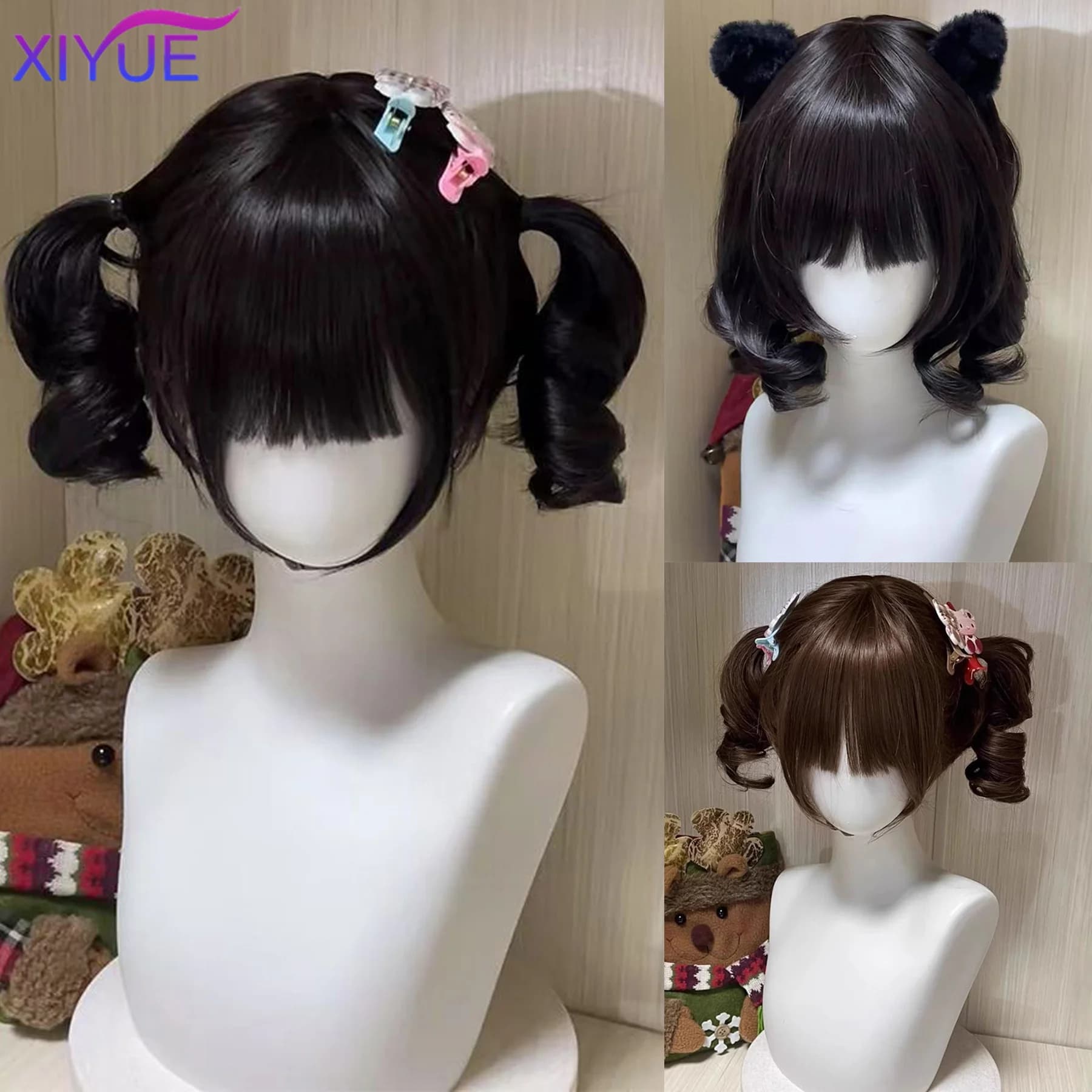 Parrucca sintetica corta riccia con doppia coda di cavallo e frangia, per cosplay, Lolita, feste, ragazze chic, principessa, marrone, nera, capelli corti resistenti al calore
