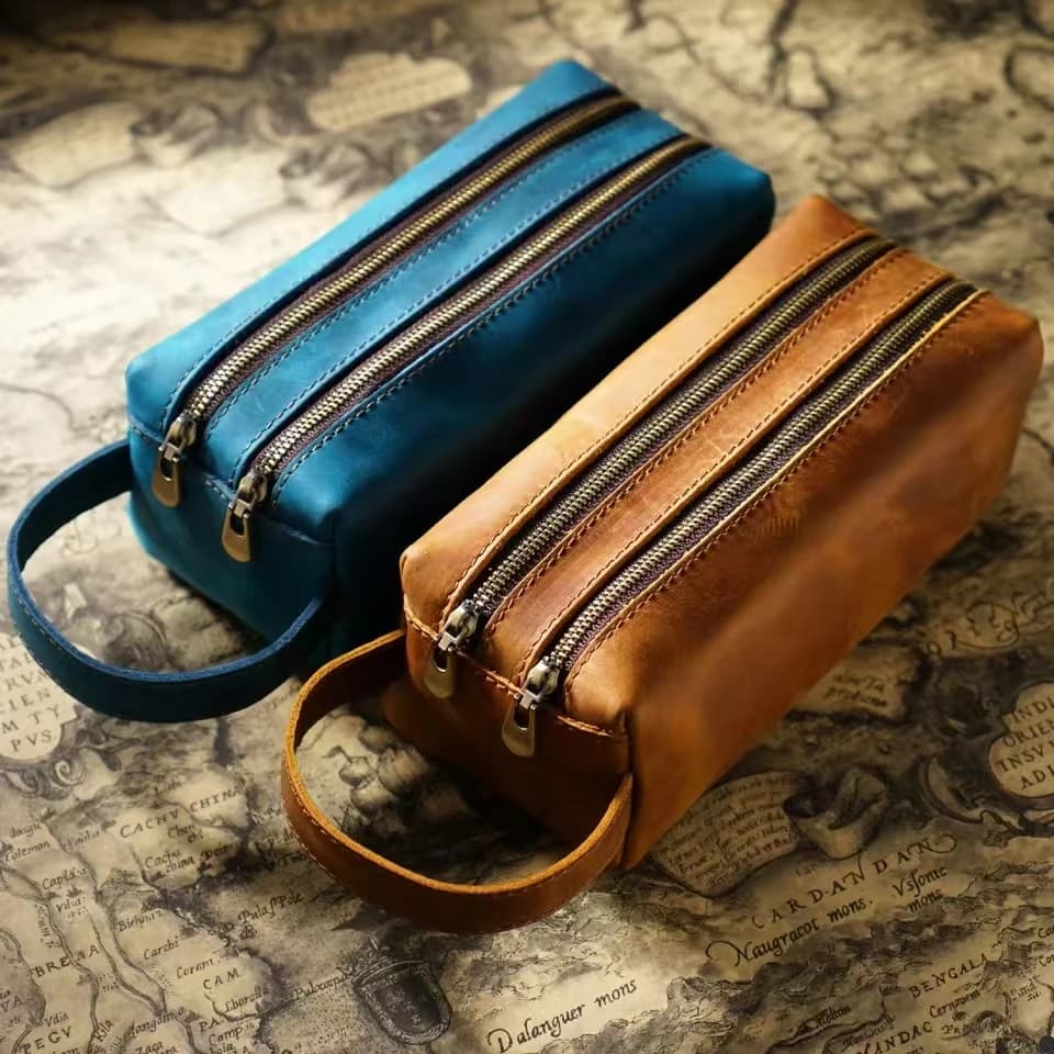 Pencil Bag Double Layer Zipper Large Capacity Handmade Cowhide Pencil Case Multifunctional Storage Bag Student Stationery Bag